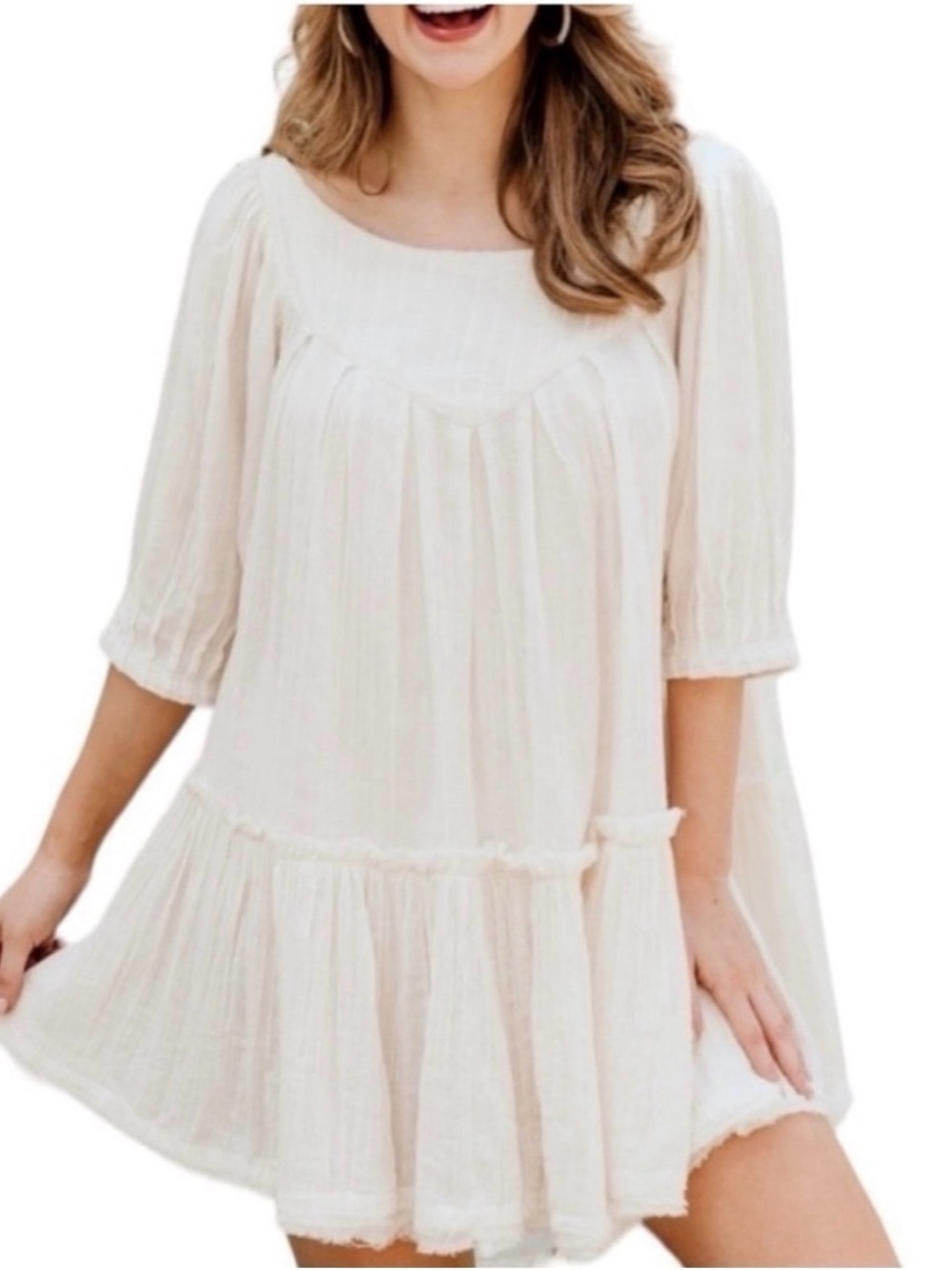 Free People Cream Boho Mini Dress Tiered Relaxed Fit